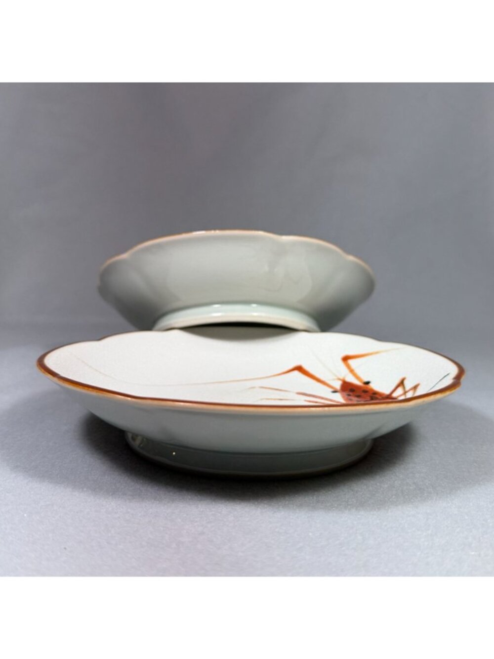 Vintage Lobster Crawfish Small Plates Set of 2 Scalloped Hand Painted Seafood - Picture 6 of 12